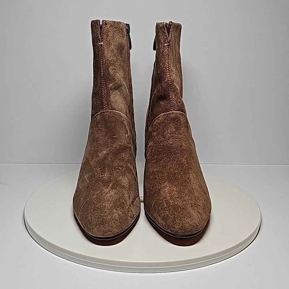 Franco Sarto Pia Suede Ankle Booties Brown 7.5 Side Zip Almond Toe Heeled Boots